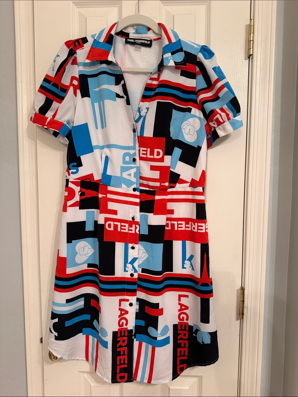 Karl Lagerfeld White Red Light Blue and Black Graphic Shirt Dress